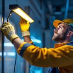 A photograph of a lighting contractor installing or inspecting a uvc germicidal light fixture in a commercial space