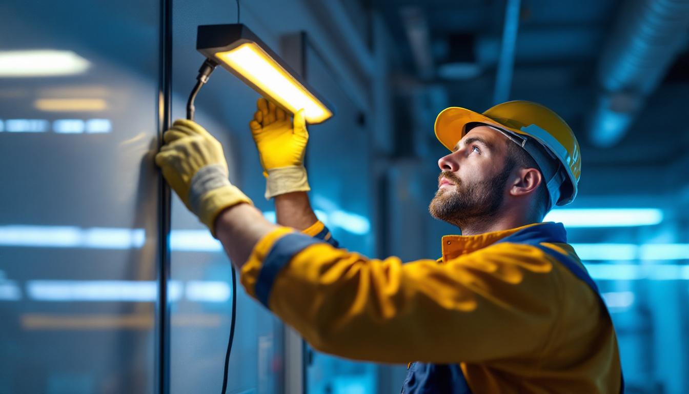 A photograph of a lighting contractor installing or inspecting a uvc germicidal light fixture in a commercial space