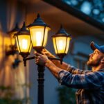 A photograph of a skilled lighting contractor installing or adjusting a stylish three-head lamp post in a residential or commercial setting