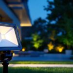 A photograph of a 200-watt led flood light illuminating a modern outdoor space