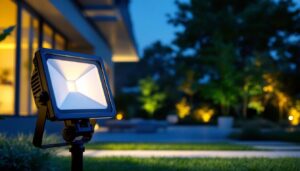 A photograph of a 200-watt led flood light illuminating a modern outdoor space