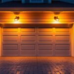 A photograph of a beautifully illuminated garage door at dusk