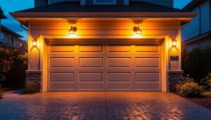 A photograph of a beautifully illuminated garage door at dusk