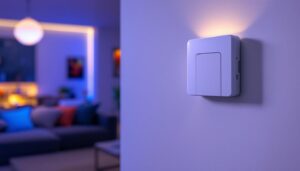 A photograph of a sleek wall occupancy sensor switch installed in a stylish interior setting