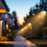 A photograph of a well-lit outdoor space featuring a variety of floodlights with motion sensors installed