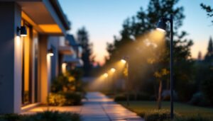 A photograph of a well-lit outdoor space featuring a variety of floodlights with motion sensors installed