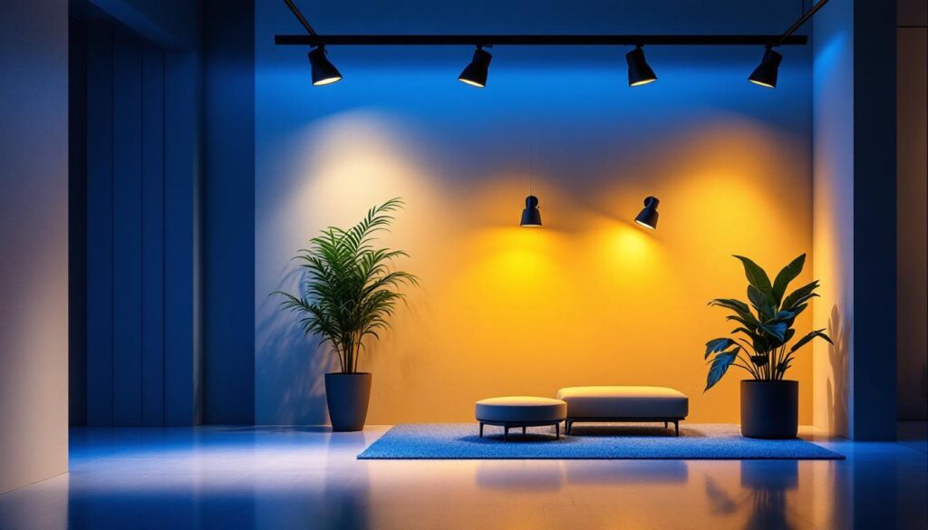 A photograph of a modern interior space featuring track lighting that highlights energy-efficient design elements