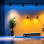 A photograph of a modern interior space featuring track lighting that highlights energy-efficient design elements