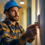 A photograph of a skilled lighting contractor efficiently installing a 3 prong light switch in a well-lit residential setting