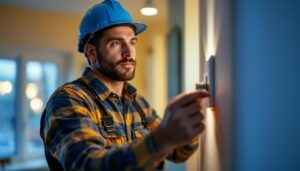 A photograph of a skilled lighting contractor efficiently installing a 3 prong light switch in a well-lit residential setting