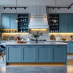 A photograph of a beautifully designed kitchen featuring a stylish center island illuminated by modern light fixtures