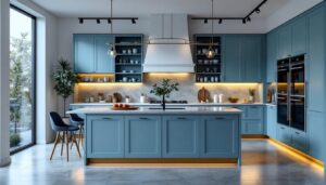 A photograph of a beautifully designed kitchen featuring a stylish center island illuminated by modern light fixtures