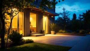 A photograph of a well-lit outdoor space showcasing various flood light fixtures in action