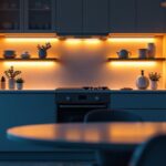 A photograph of a beautifully designed kitchen featuring sleek under cabinet led light fixtures that illuminate the countertop