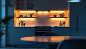 A photograph of a beautifully designed kitchen featuring sleek under cabinet led light fixtures that illuminate the countertop