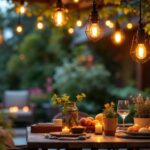 A photograph of a beautifully arranged outdoor setting featuring hanging lantern lights