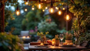 A photograph of a beautifully arranged outdoor setting featuring hanging lantern lights