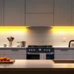 A photograph of a stylish kitchen featuring 24-inch led under cabinet lights illuminating the workspace