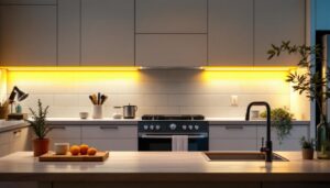 A photograph of a stylish kitchen featuring 24-inch led under cabinet lights illuminating the workspace