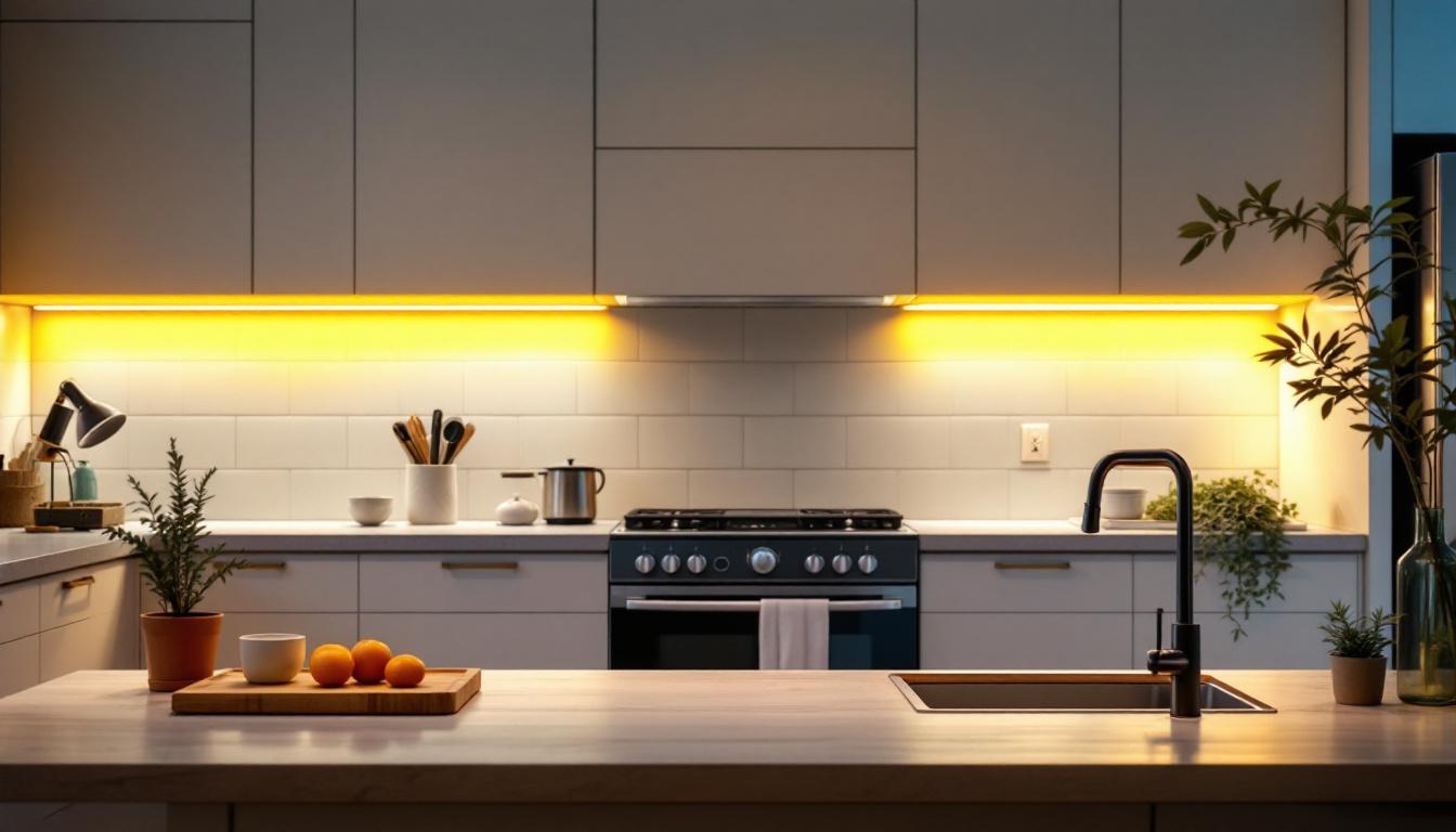 A photograph of a stylish kitchen featuring 24-inch led under cabinet lights illuminating the workspace
