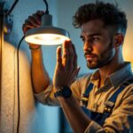 A photograph of a lighting contractor expertly installing or adjusting a sleek 2-inch led fixture in a modern residential or commercial setting