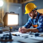 A photograph of a lighting contractor efficiently using a flood light box on a job site