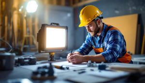 A photograph of a lighting contractor efficiently using a flood light box on a job site