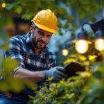 A photograph of a lighting contractor expertly installing switchable solar lights in a residential outdoor setting