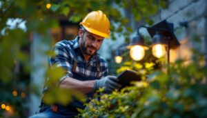 A photograph of a lighting contractor expertly installing switchable solar lights in a residential outdoor setting