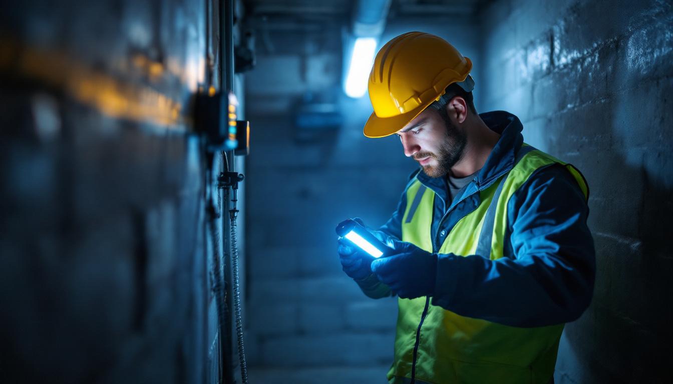 A photograph of capture a photograph of a lighting contractor working in a dimly lit environment