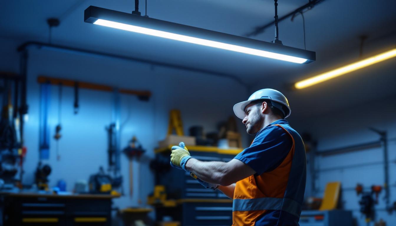 A photograph of a well-lit garage space showcasing a sleek led garage light bar installed overhead