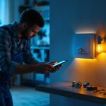 A photograph of a skilled electrician installing a sleek led dimmer switch in a modern home setting