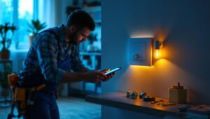 A photograph of a skilled electrician installing a sleek led dimmer switch in a modern home setting