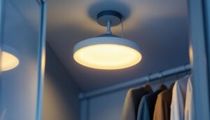A photograph of a stylishly designed led closet light with a pull chain