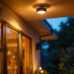 A photograph of a beautifully installed outdoor ceiling motion light illuminating a patio or entrance