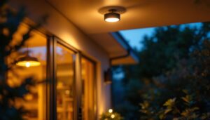 A photograph of a beautifully installed outdoor ceiling motion light illuminating a patio or entrance