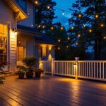 A photograph of a beautifully illuminated outdoor deck at dusk