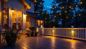 A photograph of a beautifully illuminated outdoor deck at dusk