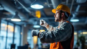 A photograph of a lighting contractor expertly installing high-output led fixtures in a commercial space