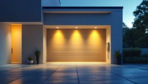 A photograph of a well-lit garage showcasing solar-powered lighting fixtures in use