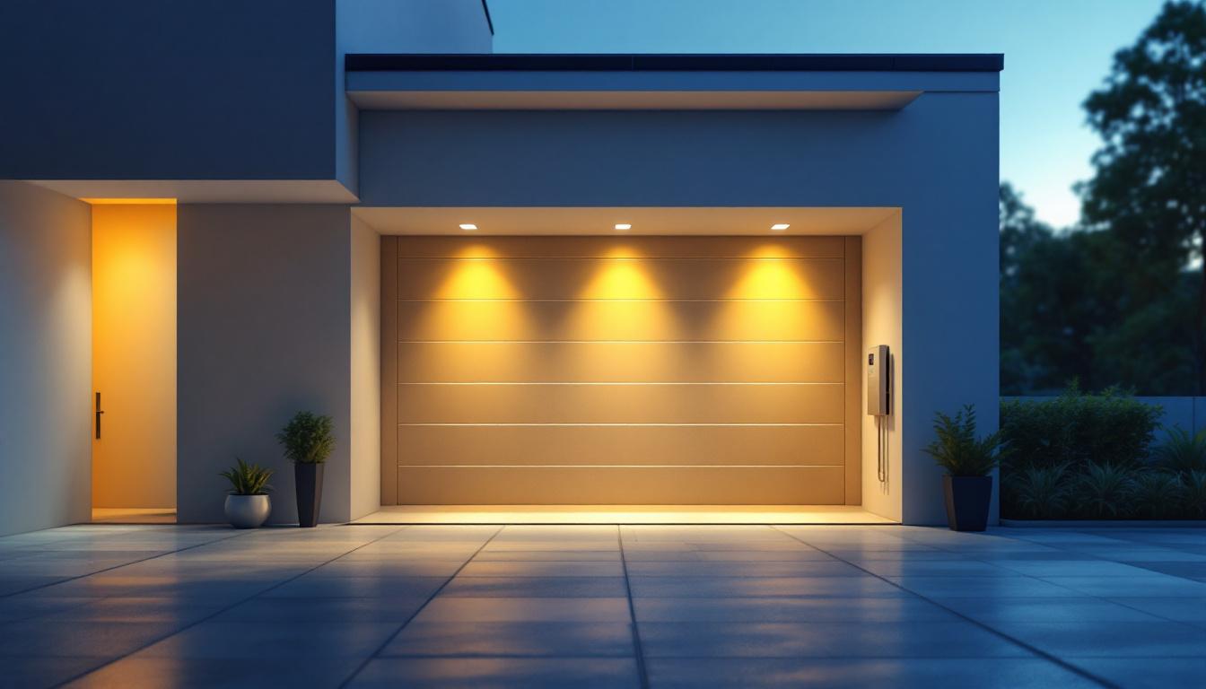 A photograph of a well-lit garage showcasing solar-powered lighting fixtures in use