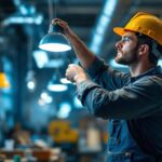 A photograph of a lighting contractor installing hardwired led shop lights in a well-lit workshop
