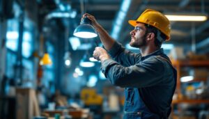 A photograph of a lighting contractor installing hardwired led shop lights in a well-lit workshop