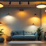 A photograph of a well-lit modern living space featuring a variety of stylish ceiling light fixtures