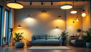 A photograph of a well-lit modern living space featuring a variety of stylish ceiling light fixtures