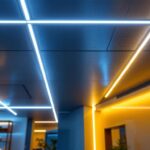 A photograph of a modern dropped ceiling featuring sleek led lights in a stylish interior setting
