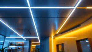 A photograph of a modern dropped ceiling featuring sleek led lights in a stylish interior setting