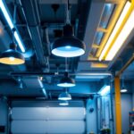 A photograph of a well-lit garage interior showcasing various ceiling lighting options