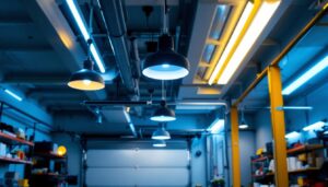 A photograph of a well-lit garage interior showcasing various ceiling lighting options