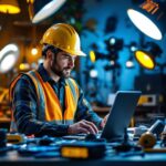 A photograph of a lighting contractor actively engaging with modern lighting technology